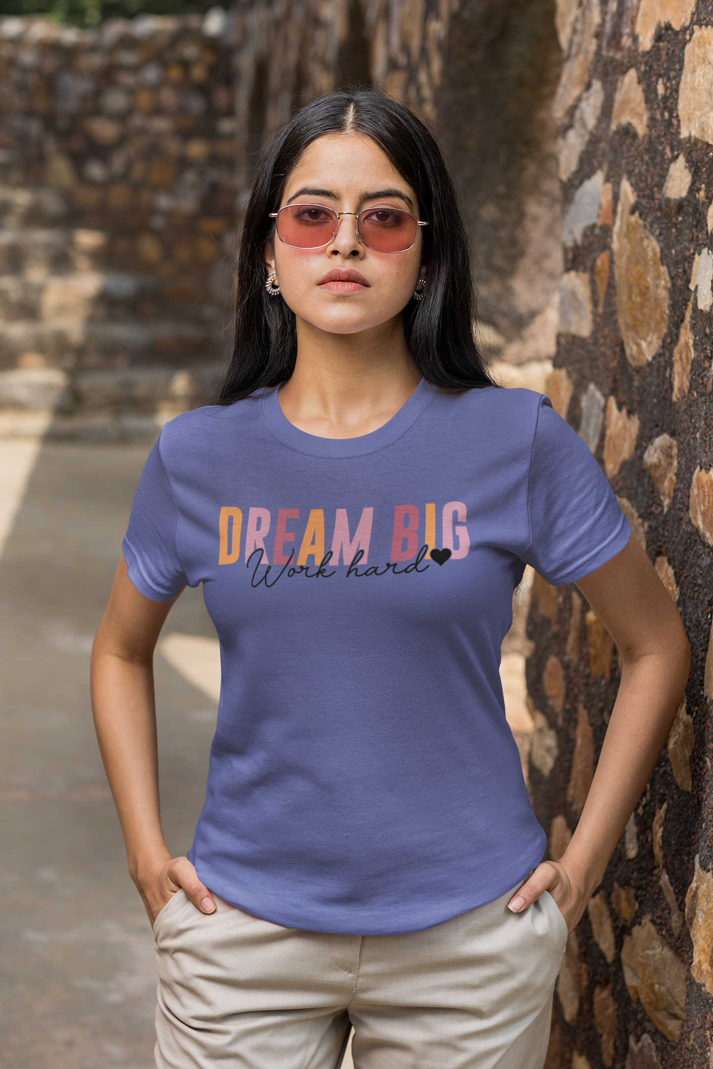Women’s V-Neck T-Shirt – “DREAM BIG, Work Hard” Motivational Graphic Tee