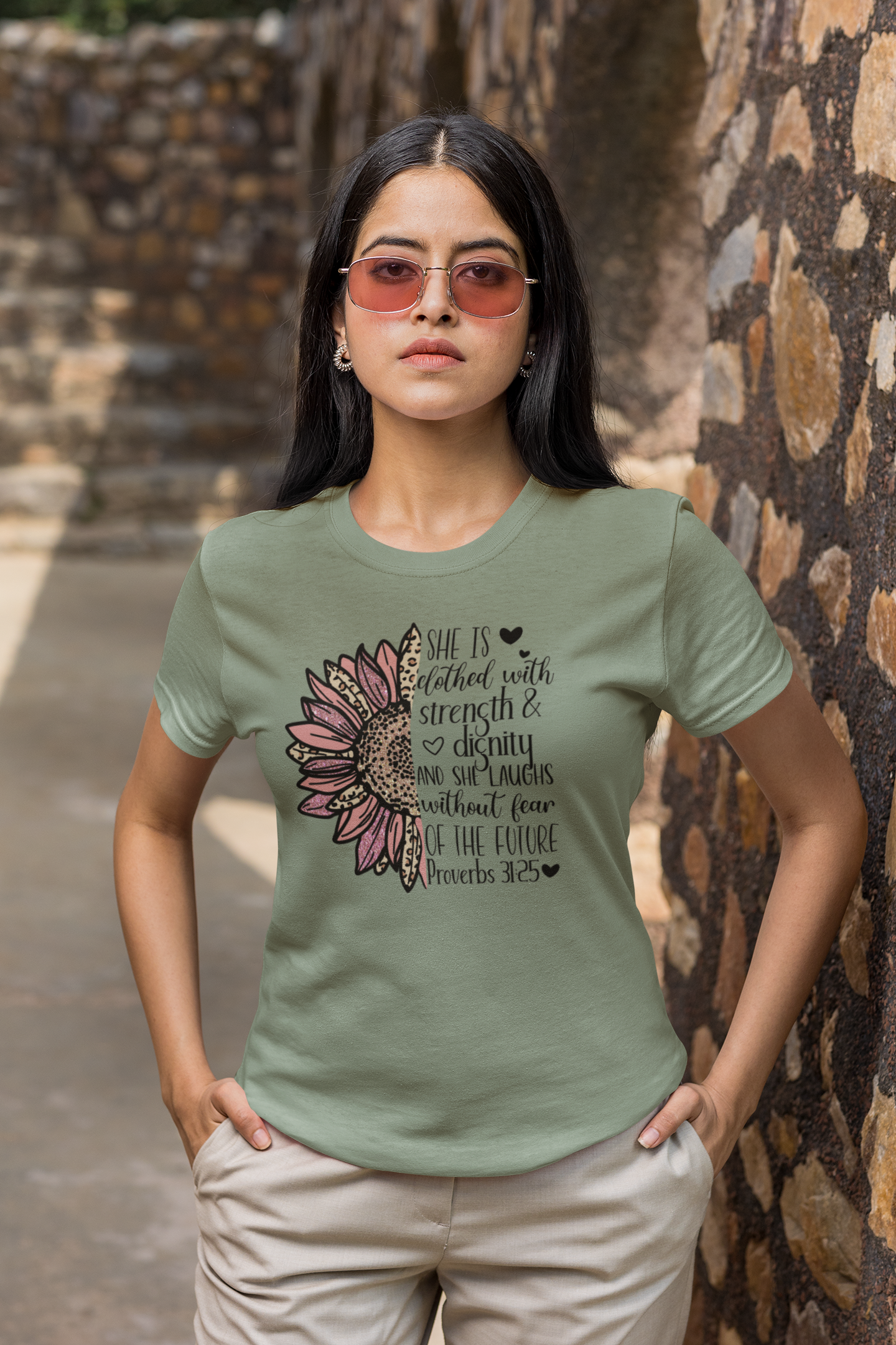 She Is Clothed with Strength &amp; Dignity – Proverbs 31:25 Floral Christian Tee