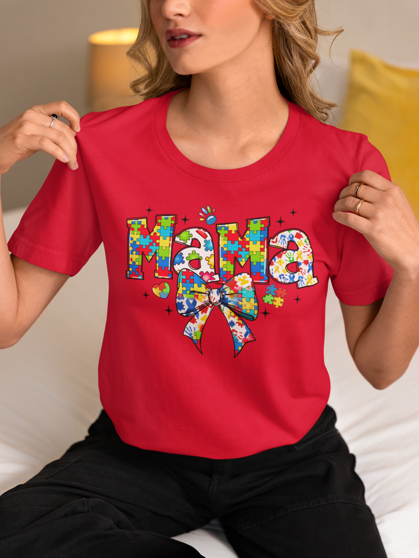 Autism Mama – Puzzle Piece Bow Graphic T-Shirt