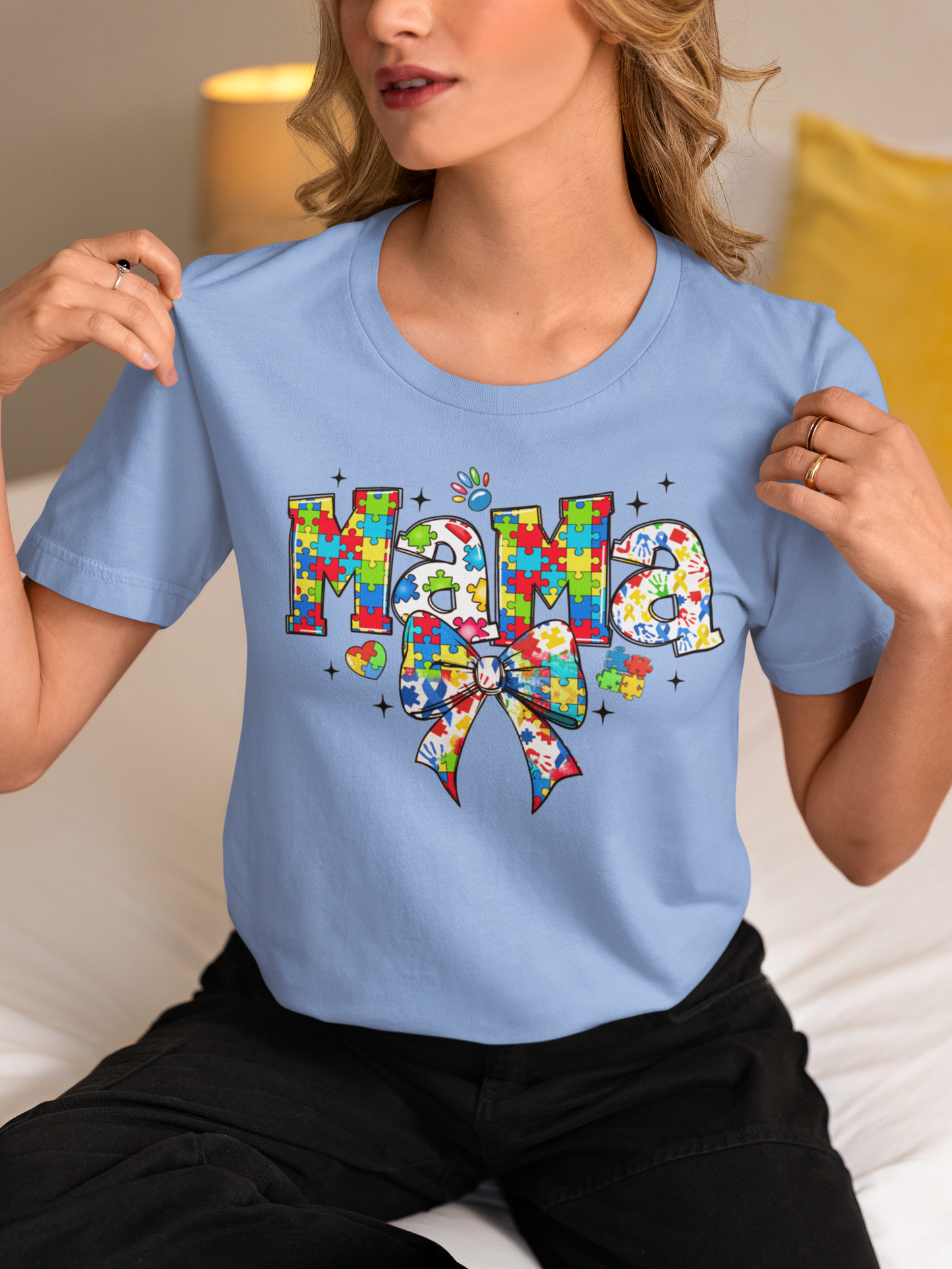 Autism Mama – Puzzle Piece Bow Graphic T-Shirt