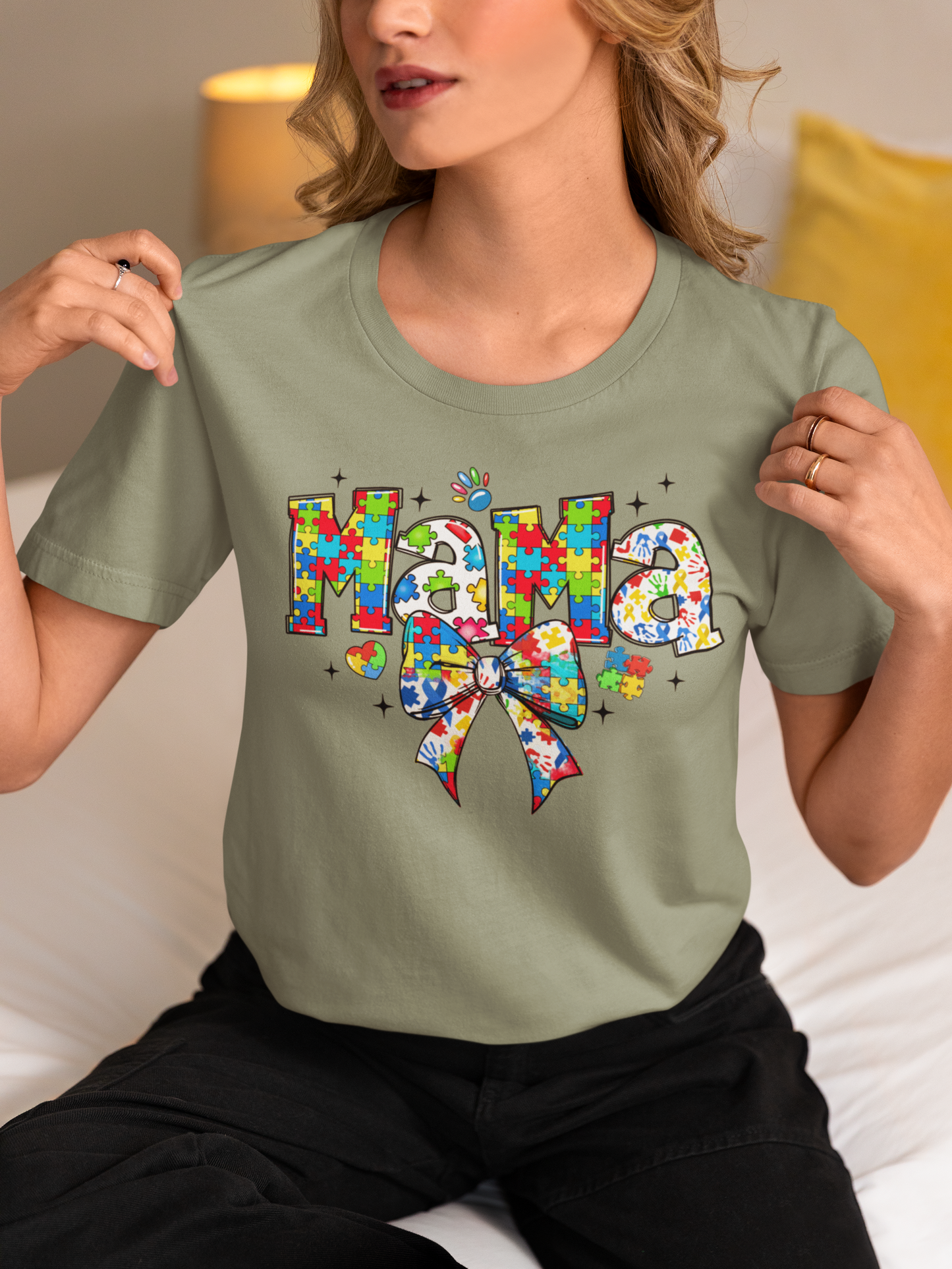 Autism Mama – Puzzle Piece Bow Graphic T-Shirt