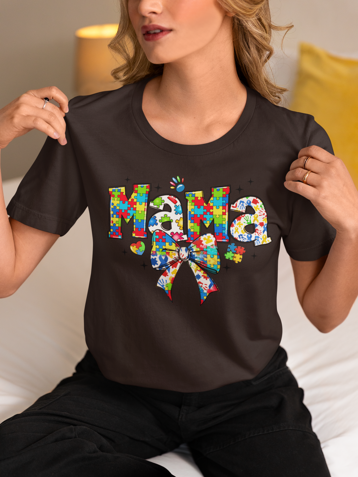 Autism Mama – Puzzle Piece Bow Graphic T-Shirt