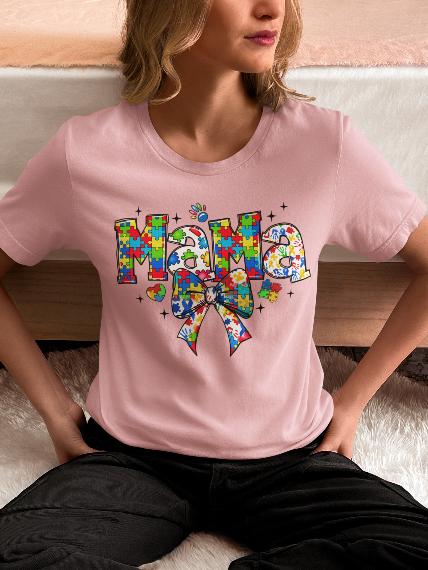 Autism Mama – Puzzle Piece Bow Graphic T-Shirt