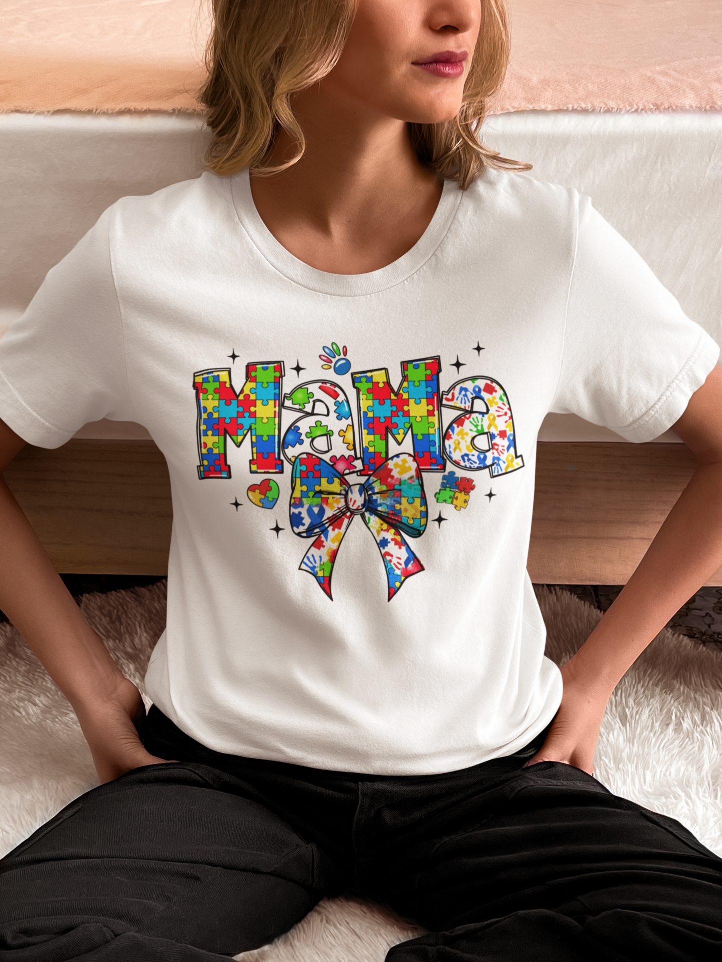 Autism Mama – Puzzle Piece Bow Graphic T-Shirt