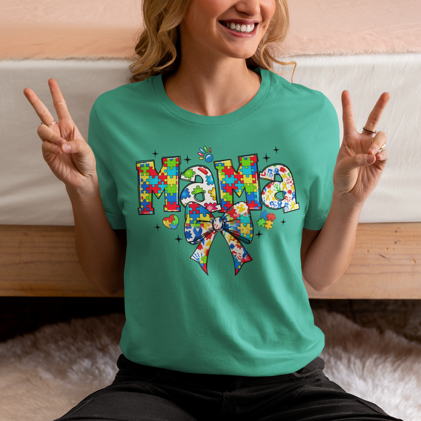 Autism Mama – Puzzle Piece Bow Graphic T-Shirt