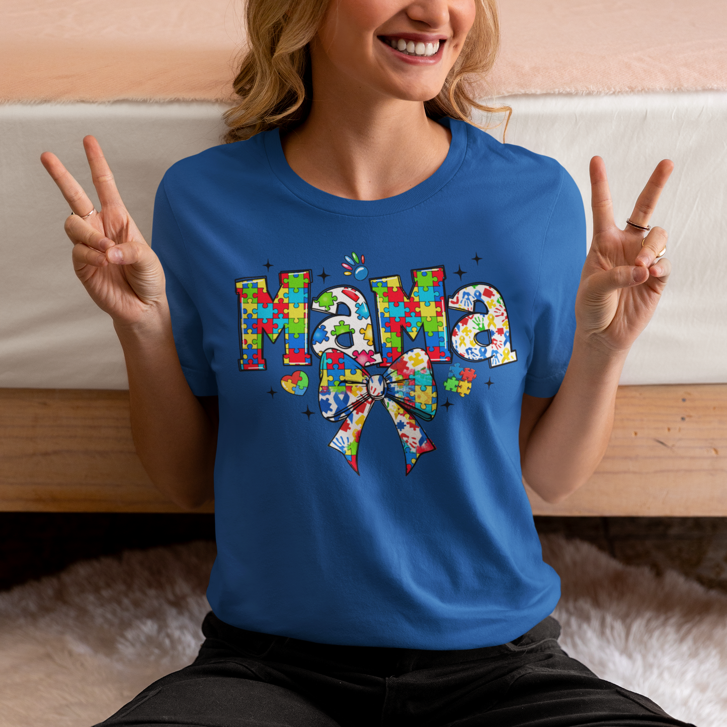 Autism Mama – Puzzle Piece Bow Graphic T-Shirt