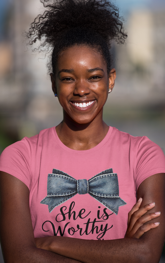 She is Worthy T-Shirt – Proverbs 31 Scripture Tee with Denim Bow