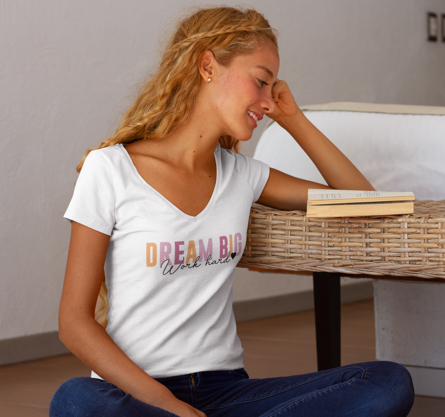 Women’s V-Neck T-Shirt – “DREAM BIG, Work Hard” Motivational Graphic Tee